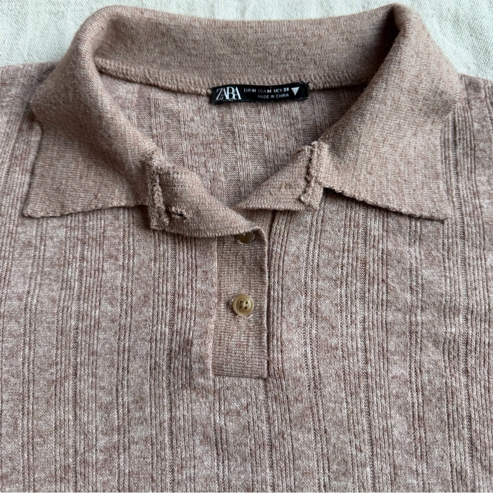 Zara Taupe Ribbed Long Sleeve Polo Top - Picture 3 of 9